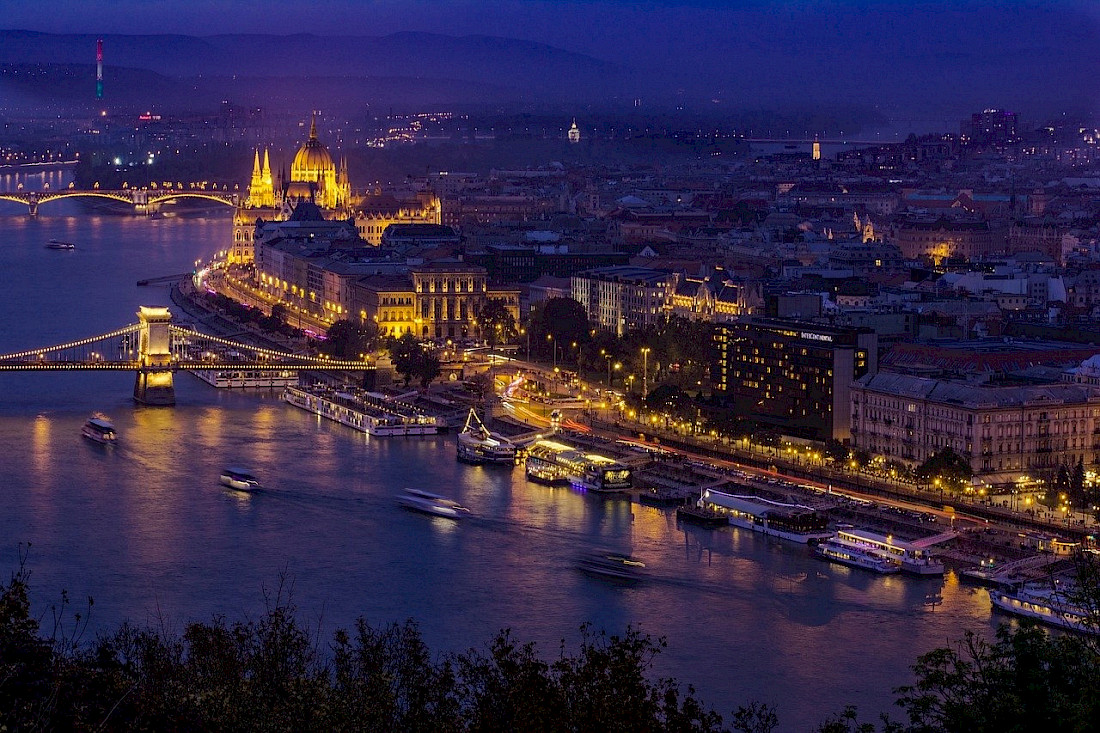 Watch the twinkling lights on the Chain Bridge and the Parliament Building in Budapest.