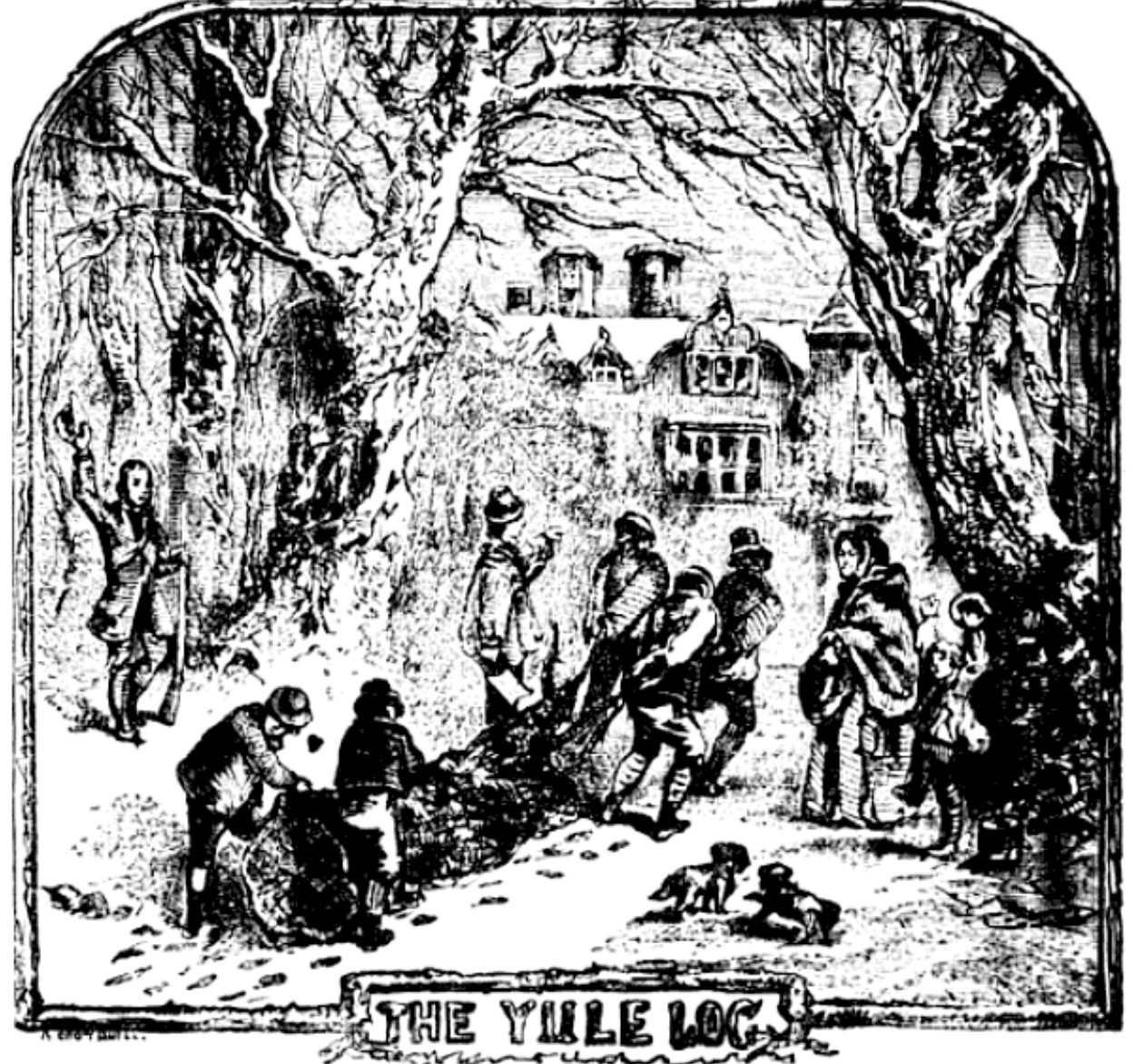 Hauling a Yule log in 1832.