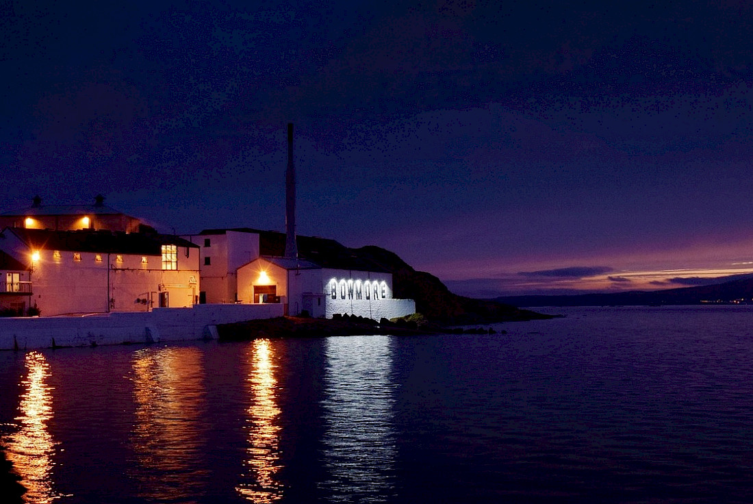 Bowmore Distillery in Islay at Sunset.