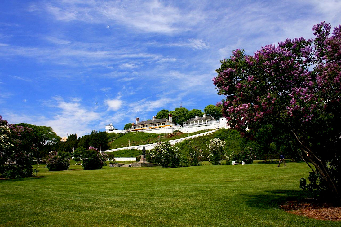 Situated above the Straits of Mackinac, Fort Mackinac is a surviving American Revolutionary War fort.