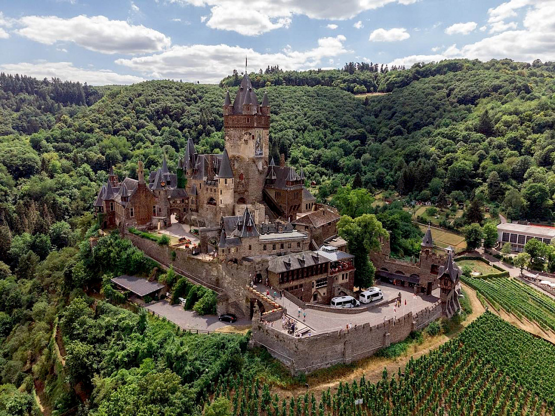 Cochem Castle is perched perfectly in the Rhine River Valley.