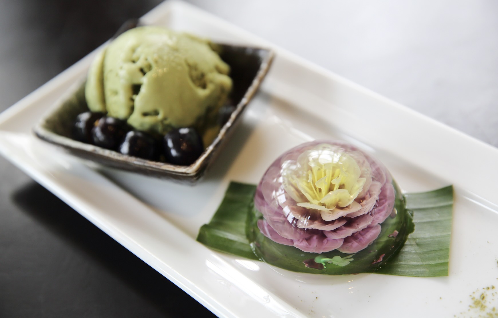 Unique and flavorful Japanese treats abound during the Cherry blossoms like this water drop dessert mizu shingen mochi with green tea ice cream.