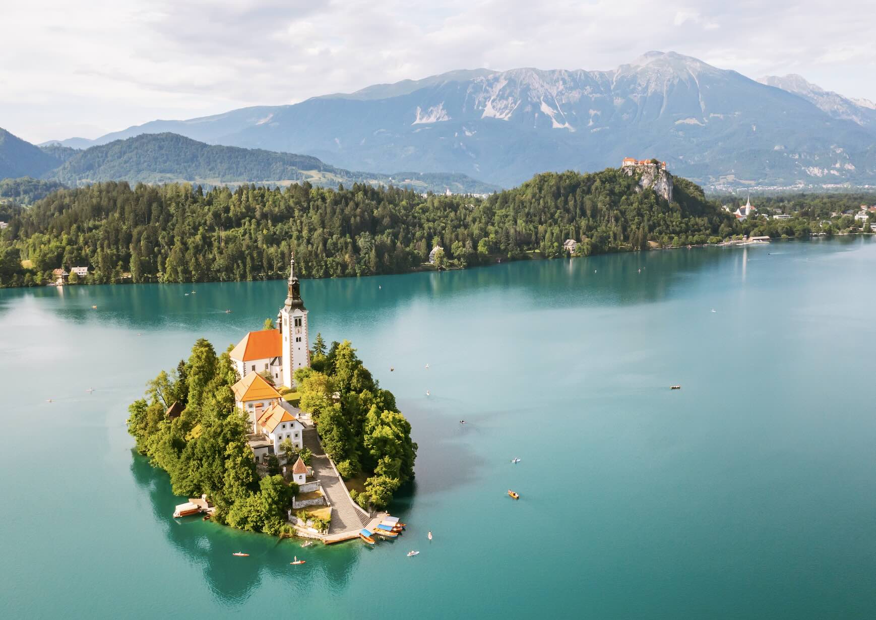 Aerial view of Lake Bled in Slovenia with Assumption of Maria Church.
