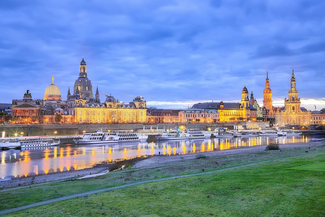 Dresden at sunset along the Elbe River.